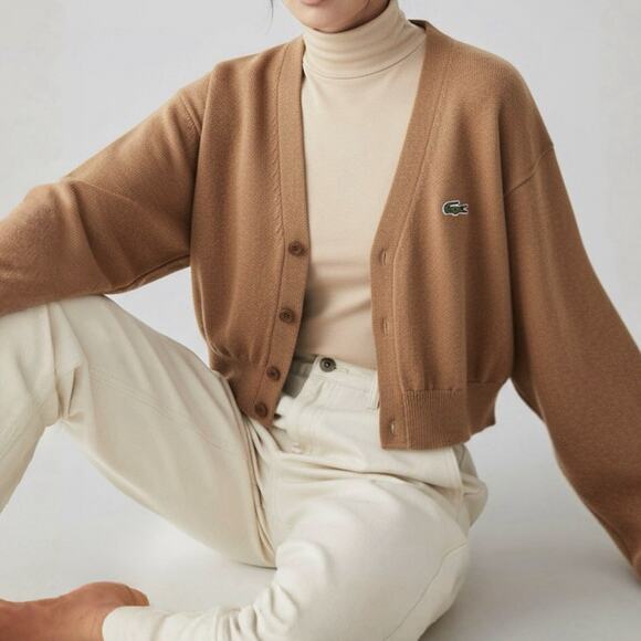 IZOD Lacoste Sweaters - 90s Lacoste Camel Cropped Cardigan Preppy Collegiate Oldmoney Minimalist Tan